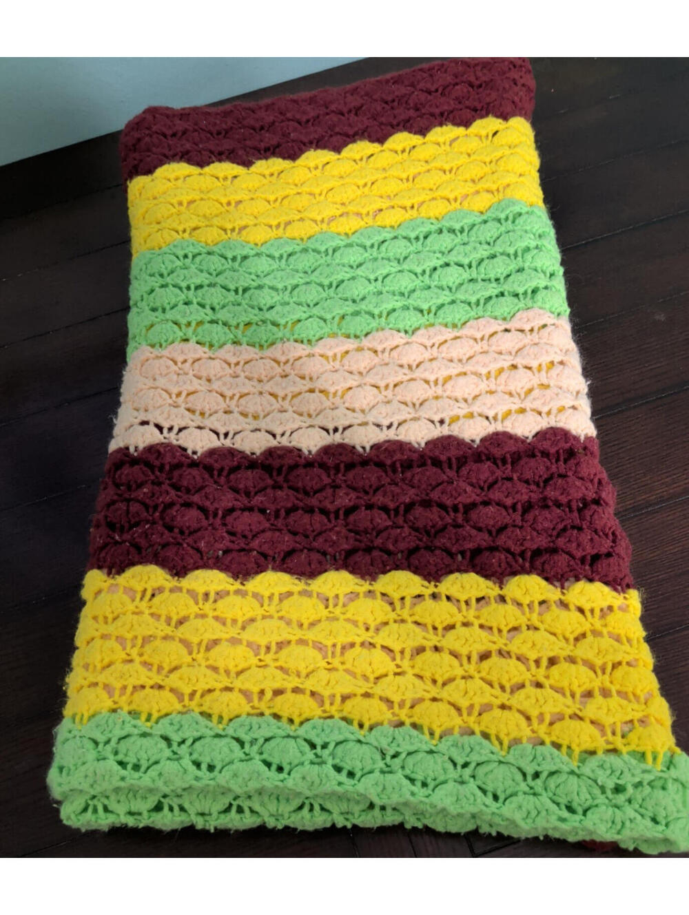 VTG Retro Hand Knit Crochet Afghan Throw Blanket Yellow/Green/Beige/Brown 69x66